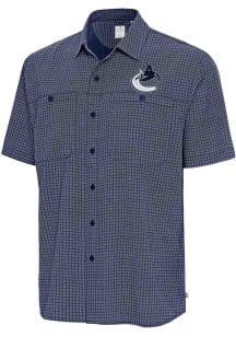 Antigua Vancouver Canucks Mens Navy Blue Mosiaic SS Short Sleeve Dress Shirt