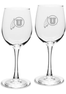 Utah Utes Hand Etched 12oz Set Wine Glass - White