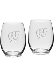Wisconsin Badgers Hand Etched 15oz Set Stemless Wine Glass - White