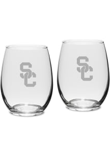 USC Trojans Hand Etched 15oz Set Stemless Wine Glass - White