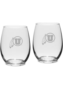 Utah Utes Hand Etched 15oz Set Stemless Wine Glass - White