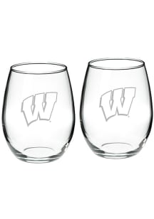 Wisconsin Badgers Hand Etched 22oz Set Stemless Wine Glass - White