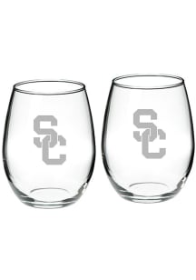 USC Trojans Hand Etched 22oz Set Stemless Wine Glass - White