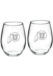 Utah Utes Hand Etched 22oz Set Stemless Wine Glass - White