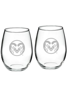 Colorado State Rams Hand Etched 22oz Set Stemless Wine Glass - White