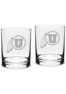 Utah Utes Hand Etched 14oz Double Old Fashioned Set Rock Glass - White