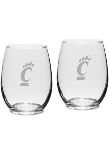Cincinnati Bearcats Hand Etched Set of 2 15oz Stemless Wine Glass - White