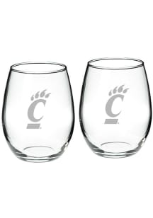 Cincinnati Bearcats Hand Etched Set of 2 22oz Stemless Wine Glass - White