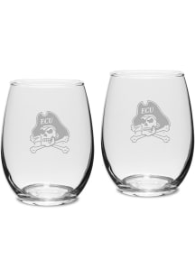 East Carolina Pirates Hand Etched Set of 2 15oz Stemless Wine Glass - White