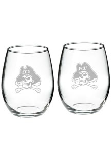 East Carolina Pirates Hand Etched Set of 2 22oz Stemless Wine Glass - White