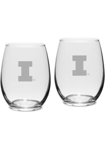 Illinois Fighting Illini Hand Etched Set of 2 15oz Stemless Wine Glass - White