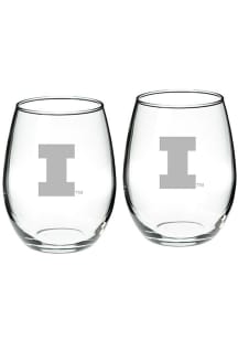 Illinois Fighting Illini Hand Etched Set of 2 22oz Stemless Wine Glass - White