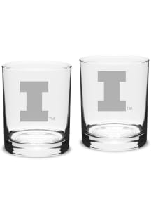 Illinois Fighting Illini Hand Etched Set of 2 14oz Double Old Fashioned Rock Glass - White