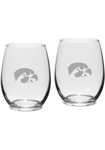 Iowa Hawkeyes Hand Etched Set of 2 15oz Stemless Wine Glass - White