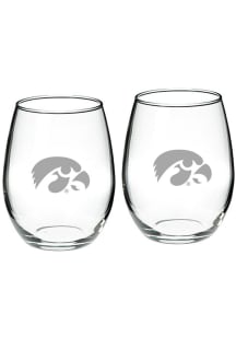 Iowa Hawkeyes Hand Etched Set of 2 22oz Stemless Wine Glass - White