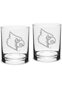 Louisville Cardinals Hand Etched Set of 2 14oz Double Old Fashioned Rock Glass - White