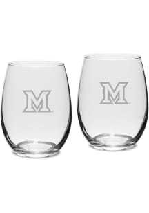 Miami RedHawks Hand Etched Set of 2 15oz Stemless Wine Glass - White