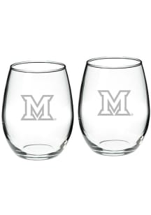 Miami RedHawks Hand Etched Set of 2 22oz Stemless Wine Glass - White