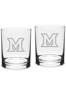 Miami RedHawks Hand Etched Set of 2 14oz Double Old Fashioned Rock Glass - White