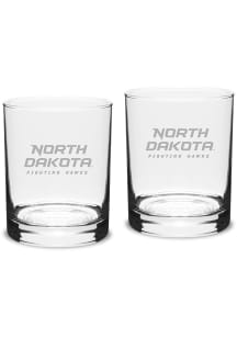 North Dakota Fighting Hawks Hand Etched Set of 2 14oz Double Old Fashioned Rock Glass - White