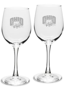 Ohio Bobcats Hand Etched Set of 2 12oz Wine Glass - White