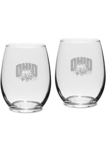 Ohio Bobcats Hand Etched Set of 2 15oz Stemless Wine Glass - White