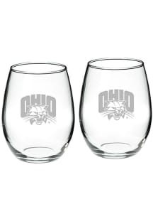 Ohio Bobcats Hand Etched Set of 2 22oz Stemless Wine Glass - White