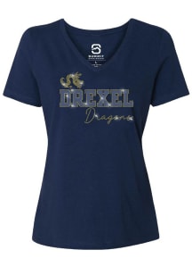 Summit Sportswear Drexel Dragons Womens Navy Blue Rhinestone and Glitter Script Short Sleeve T-Shi..