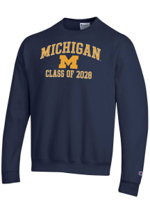 Champion Michigan Wolverines Mens Navy Blue Font Class of 2028 Powerblend Long Sleeve Crew Sweatsh..