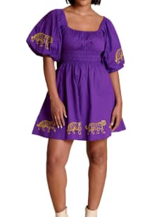 LSU Tigers Womens Purple Puff Sleeve Sequin Short Sleeve Dress