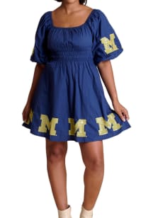 Michigan Wolverines Womens Blue Puff Sleeve Sequin Short Sleeve Dress