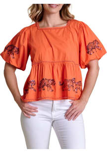 Clemson Tigers Womens Orange Sequin and Pearl Peplum Short Sleeve T-Shirt