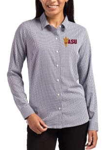 Cutter and Buck Arizona State Sun Devils Womens Epic Confidence Gingham Long Sleeve Black Dress Sh..