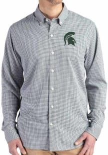 Cutter and Buck Michigan State Spartans Mens Green Gingham LS Woven Long Sleeve Dress Shirt