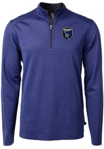 Cutter and Buck San Jose Earthquakes Mens Blue Virtue Eco Pique Micro Stripe Long Sleeve Qtr Zip P..