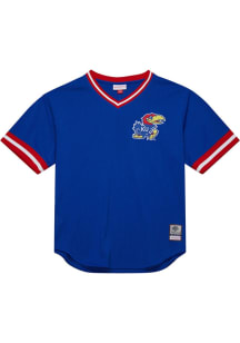 Mitchell and Ness Kansas Jayhawks Mens Blue V-Neck Vintage Logo Baseball Jersey