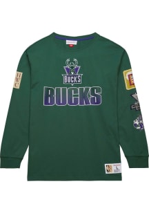 Mitchell and Ness Milwaukee Bucks Green Vintage Logo All Over Long Sleeve Fashion T Shirt