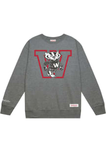 Mitchell and Ness Wisconsin Badgers Mens Grey Down To The Wire Vintage Logo Long Sleeve Crew Sweat..