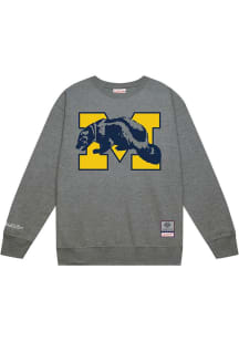 Mitchell and Ness Michigan Wolverines Mens Grey Down To The Wire Vintage Logo Long Sleeve Crew Swe..