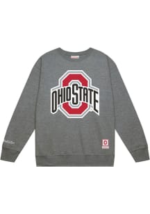 Mitchell and Ness Ohio State Buckeyes Mens Grey Down To The Wire Primary Team Logo Long Sleeve Cre..