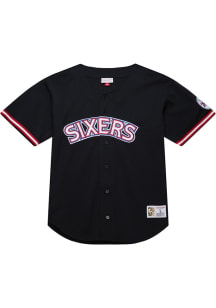 Mitchell and Ness Philadelphia 76ers Mens Black On the Clock Baseball Jersey
