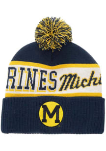 Mitchell and Ness Michigan Wolverines Blue Block Sweep Pom Mens Knit Hat