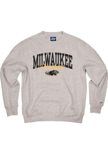 Blue 84 Milwaukee Panthers Mens Grey Arch Mascot Script Campbell Long Sleeve Crew Sweatshirt