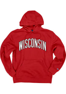 Blue 84 Wisconsin Badgers Mens Red Arch Name Design Long Sleeve Hoodie