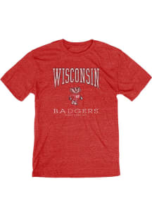 Blue 84 Wisconsin Badgers Red Distressed Number 1 Short Sleeve Fashion T Shirt