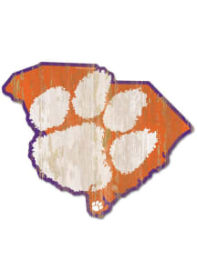 Clemson Tigers State Shape Wood Sign - Orange