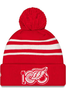 New Era Detroit Red Wings Red Centennial Centennial Triple Crown Stripe Cuff Pom Mens Knit Hat