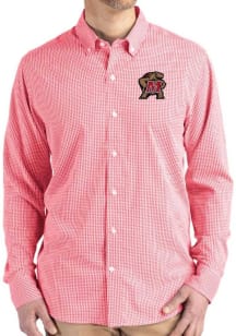 Cutter and Buck Maryland Terrapins Mens Red Gingham LS Woven Long Sleeve Dress Shirt