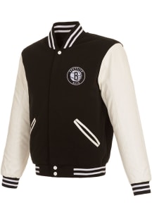 Brooklyn Nets Mens Black Reversible Fleece Faux Leather Medium Weight Jacket