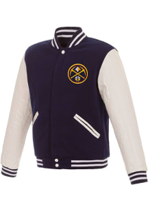 Denver Nuggets Mens Navy Blue Reversible Fleece Faux Leather Medium Weight Jacket